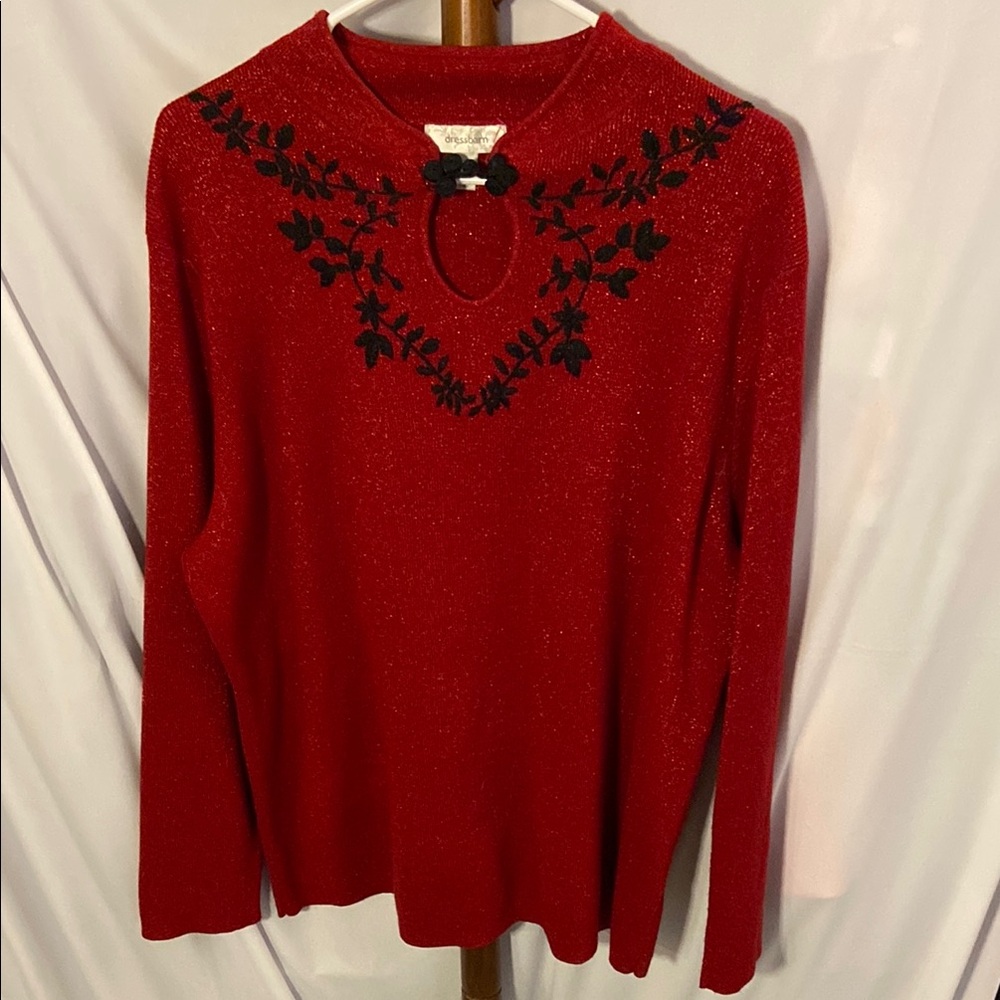 Dressbarn Black Floral Embroidery and cutout with button sweater